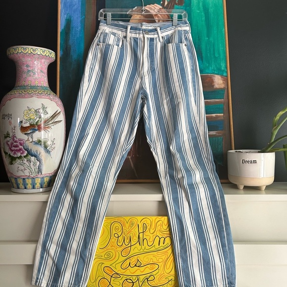 American Eagle Outfitters Blue and White Striped Straight Leg Jeans Size 4 - Picture 2 of 16